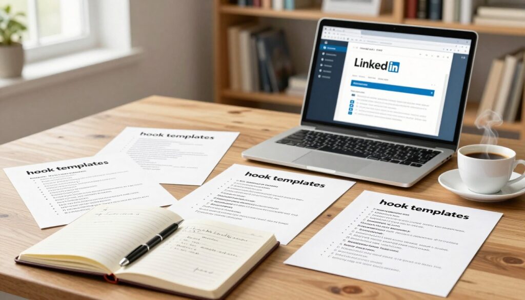 A visually appealing workspace featuring a wooden desk scattered with various "hook templates" for LinkedIn posts, showcasing bullet-point lists and engaging phrases on crisp white paper. In the foreground, an open notebook with handwritten notes and a sleek pen, hinting at creativity and inspiration. The middle ground displays a stylish laptop with a LinkedIn interface visible on the screen, and a cup of steaming coffee beside it to evoke a productive atmosphere. The background features a softly blurred bookshelf filled with business literature, complemented by warm, natural light filtering through a nearby window, creating an inviting, professional mood that inspires effective content creation. The focus is on the templates as a central subject, with no text, ensuring clarity and engagement.