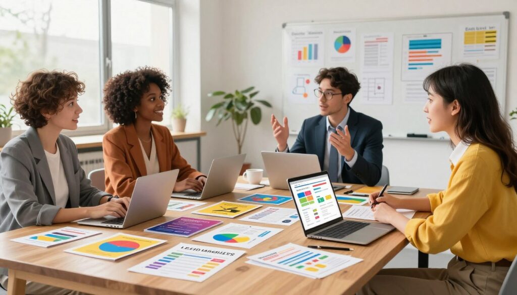 A visually appealing workspace scene featuring a diverse group of professionals brainstorming over lead magnets. In the foreground, a sleek wooden table cluttered with colorful eBook covers, flyers, and digital devices displaying analytics and marketing strategies. In the middle, a multicultural team of three individuals—one woman in smart casual attire, one man in a business suit, and another woman in professional attire—engaged in animated discussion. The background shows a bright, modern office with large windows letting in natural light, and a whiteboard filled with ideas and charts. The atmosphere is energetic and collaborative, conveying the essence of creativity and strategic thinking. Use soft, diffused lighting to enhance the focus on the table while casting a warm glow throughout the scene.