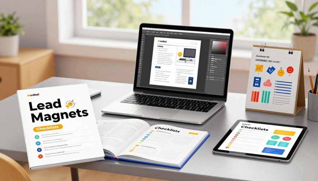 A visually appealing workspace scene showcasing a variety of lead magnets including eBooks, checklists, and infographics artfully arranged on a sleek desk. In the foreground, a well-designed eBook with an engaging cover lies open next to a colorful checklist on a tablet. In the middle, a laptop displays a design software interface, illustrating the integration of content layout and graphic elements. The background features a large window with soft, natural light streaming in, illuminating the workspace and creating a warm, inviting atmosphere. The setting conveys professionalism and creativity, perfect for an article focusing on digital design strategies. The image should be crisp and vibrant, captured from a medium angle to emphasize the depth of the workspace.