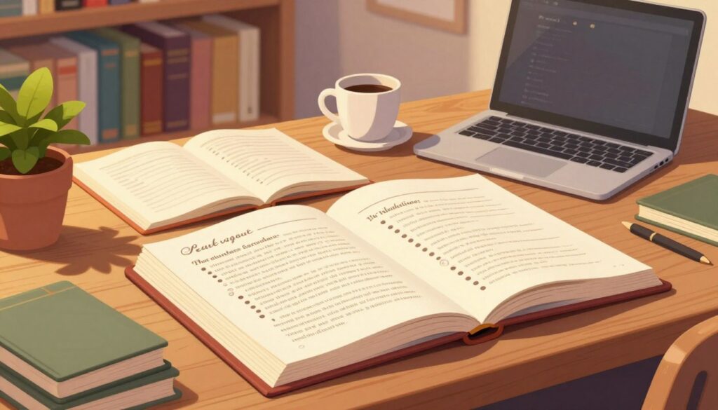 A visually detailed illustration of an organized manuscript structure displayed on a wooden desk. In the foreground, open pages of a manuscript are spread out, showing neatly written sections with headings, bullet points, and annotations in elegant cursive. The middle ground features a laptop beside a coffee cup, with a potted plant adding a touch of greenery. In the background, a softly lit bookshelf filled with various writing guides and classics can be seen, suggesting a cozy, scholarly atmosphere. The lighting is warm and inviting, casting gentle shadows, while the angle of the scene is slightly elevated, creating depth. The overall mood conveys creativity and inspiration, perfect for aspiring writers focused on structuring their manuscripts effectively.