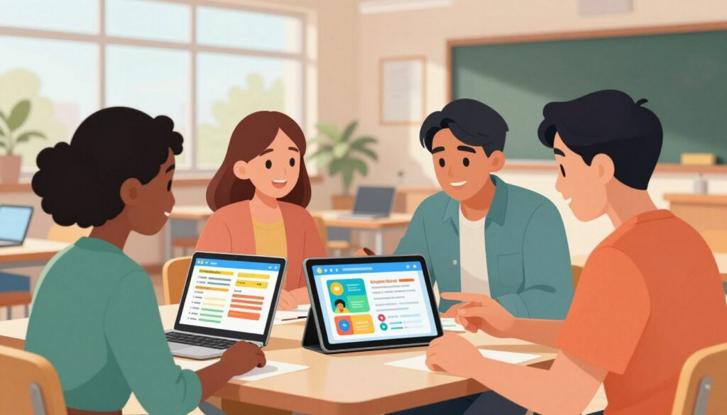 A visually engaging educational setting depicting curriculum alignment and accessibility. In the foreground, a diverse group of three educators—one Black woman and two Asian men—are collaborating over a digital tablet, showcasing vibrant curriculum materials. In the middle, an array of colorful educational technology tools, such as laptops and interactive displays, subtly blend into the scene. The background features a bright, welcoming classroom with large windows allowing soft, natural light to illuminate the space. The atmosphere is dynamic and focused, emphasizing collaboration and innovation in educational technology. The lens captures a wide-angle view to include all elements harmoniously. The overall mood is optimistic and forward-thinking, reflecting the importance of selecting the right tools for effective learning.