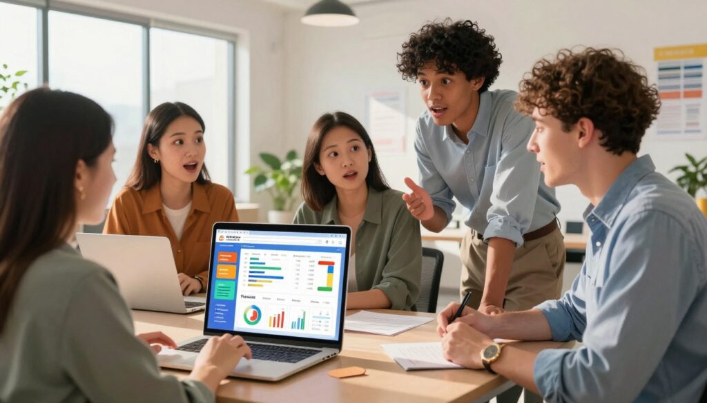 A visually engaging office environment where a diverse group of professionals brainstorms ideas for social media posts. In the foreground, a laptop open with a colorful social media analytics dashboard showing trending content metrics. The middle ground features a team of three individuals—two women and one man—discussing strategies eagerly; they are dressed in smart casual attire, with expressions of excitement and creativity. The background reveals a bright, modern office space with motivational posters and plants, creating an inviting atmosphere. Soft, natural lighting filters through large windows, casting warm shadows and enhancing the collaborative spirit. The image conveys a sense of innovation, teamwork, and the psychology behind crafting shareable content.