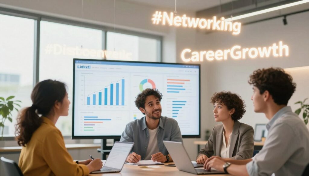 A visually engaging representation of hashtag strategy for LinkedIn discoverability. In the foreground, a diverse group of three professionals—two women and one man—are brainstorming, surrounded by glowing, floating hashtags symbolizing popular trends like #Networking, #CareerGrowth, and #ContentMarketing. In the middle ground, a digital display shows analytics graphs and metrics, highlighting engagement statistics related to hashtags. The background features a modern office environment with large windows allowing natural light to flood in, creating a bright and motivational atmosphere. A soft-focus lens adds warmth, while an upward angle emphasizes the excitement of collaboration. The overall mood is dynamic and inspiring, perfect for illustrating the importance of hashtags in boosting visibility on LinkedIn.