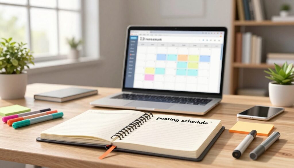 A visually engaging scene illustrating a "posting schedule" concept. Foreground: An elegant desk featuring a high-quality planner open to a weekly layout, with colorful markers and sticky notes arranged around it. Middle: A laptop displaying a calendar software interface with clearly defined time slots for posting content. Background: A softly lit office environment with a large window, allowing natural light to flood in, illuminating a professional workspace. Add elements like potted plants and bookshelves filled with business literature to convey a sense of productivity and organization. The mood should be focused and motivating, emphasizing the importance of time management in content creation. Use a shallow depth of field to draw attention to the planner and laptop, creating an inviting atmosphere that encourages efficient posting habits.
