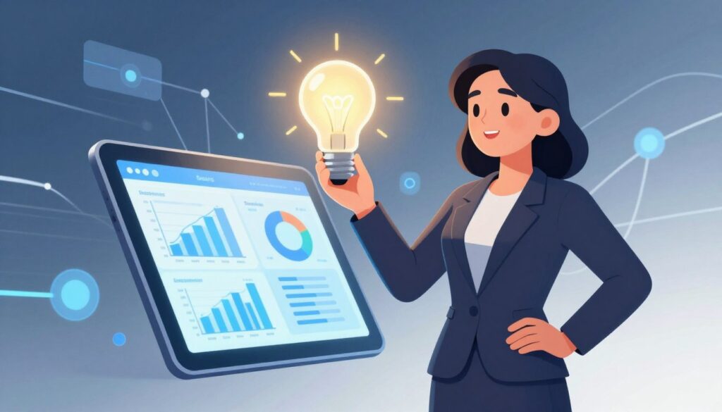 A visually striking representation of a "value proposition" concept. In the foreground, a confident professional woman in smart business attire stands proudly, holding a glowing light bulb symbolizing innovation and ideas. In the middle, a sleek digital tablet displays graphs and analytics, illustrating customer engagement and benefits. Behind her, abstract shapes of interconnected lines and data flows create a dynamic backdrop, evoking a sense of modern technology and connectivity. The lighting is bright and uplifting, with soft shadows to suggest depth. The atmosphere is energetic and inspiring, aiming to convey clarity, purpose, and the promise of transformation for SaaS offerings. The angle is slightly low, emphasizing the subject's prominence in the composition.