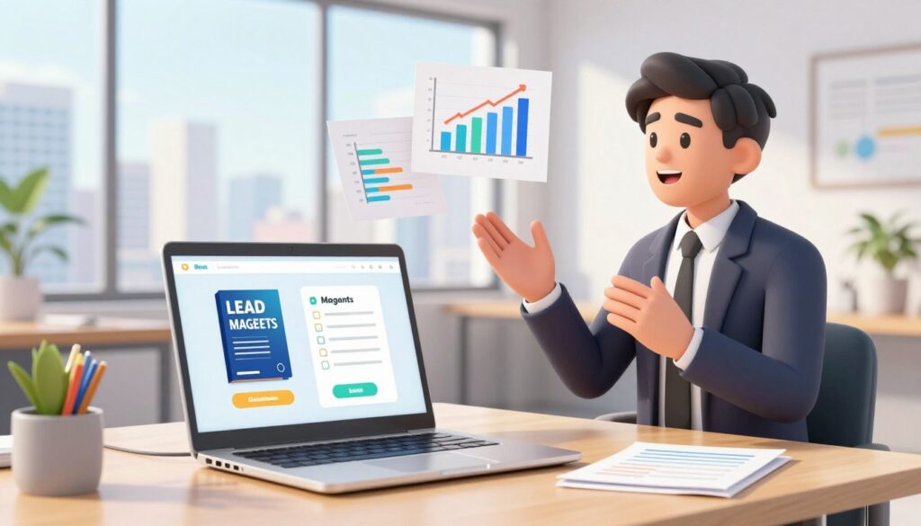 A visually striking scene depicting a lead magnet concept, set in a modern office space. In the foreground, a well-organized desk with a laptop open, displaying colorful digital lead magnets like eBooks, checklists, and whitepapers. In the middle ground, a professional in business attire, engaged in thoughtful discussion, as charts and graphs related to audience growth float nearby. The background features a large window with bright, natural light pouring in, giving a vibrant, positive atmosphere. Soft shadows enhance the three-dimensionality, while a subtle depth of field blurs out the cityscape behind. The overall mood is inspirational and innovative, showcasing the importance of lead magnets in audience development.