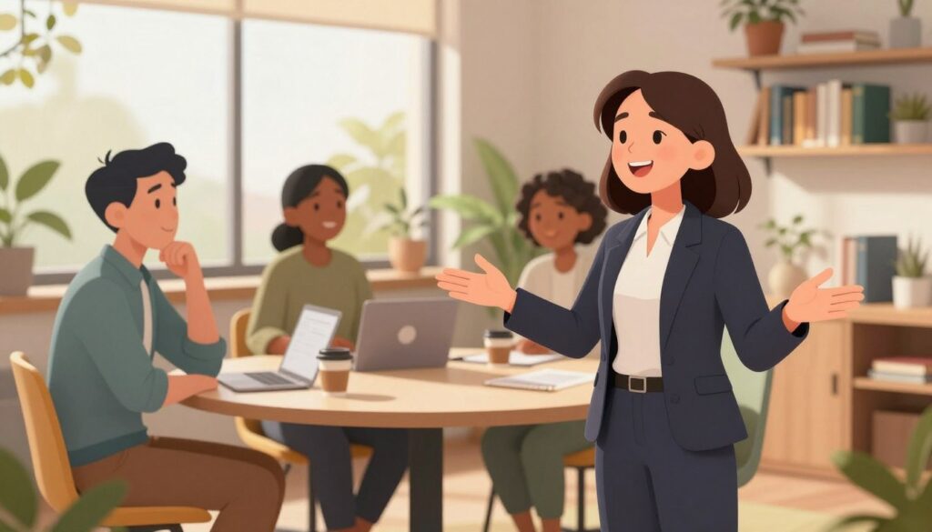 A warm and inviting office setting, showcasing a diverse group of professionals sharing personal stories. In the foreground, a woman in business attire smiles warmly as she gestures while speaking, her arms open in an inviting manner. To her left, a man nods thoughtfully, wearing smart-casual attire, making eye contact with her. In the middle ground, a round table filled with laptops and coffee cups indicates a collaborative atmosphere, while behind them, a large window lets in soft, natural sunlight, casting gentle shadows. The background features shelves filled with books and plants, enhancing the sense of a nurturing work environment. The mood is uplifting and engaging, emphasizing connection and authenticity in brand storytelling. The composition has a slight depth of field to focus on the engaged individuals while maintaining a soft blend of the background elements.