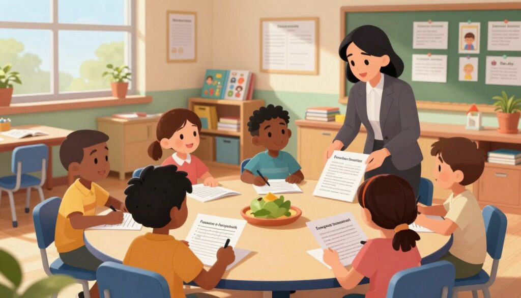 A warm, inviting classroom setting where diverse learners are engaged in reading comprehension activities. In the foreground, a teacher, elegantly dressed in professional attire, guides a small group of students seated around a circular table. The students, who are of various ethnicities and abilities, are focused on different worksheets tailored to their skill levels, showcasing strategies for targeted scaffolding. In the middle layer, colorful educational materials, books, and literacy resources are visible, emphasizing a rich learning environment. The background features a brightly lit classroom with bulletin boards displaying reading strategies and student artwork, creating an atmosphere of support and collaboration. The scene is softly illuminated by natural light streaming through large windows, casting gentle shadows and enhancing a sense of warmth and openness. A warm, inviting classroom setting where diverse learners are engaged in reading comprehension activities. In the foreground, a teacher, elegantly dressed in professional attire, guides a small group of students seated around a circular table. The students, who are of various ethnicities and abilities, are focused on different worksheets tailored to their skill levels, showcasing strategies for targeted scaffolding. In the middle layer, colorful educational materials, books, and literacy resources are visible, emphasizing a rich learning environment. The background features a brightly lit classroom with bulletin boards displaying reading strategies and student artwork, creating an atmosphere of support and collaboration. The scene is softly illuminated by natural light streaming through large windows, casting gentle shadows and enhancing a sense of warmth and openness.