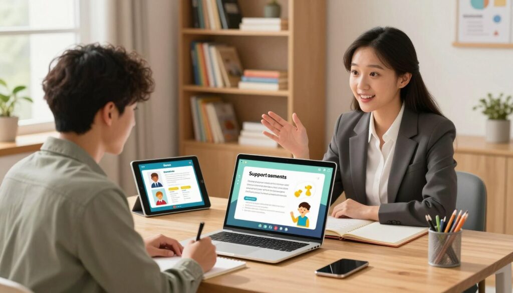 A warmly lit home office with a parent and a teacher engaged in a video conference, both appearing focused and professional. In the foreground, a sleek laptop displays a colorful presentation about student support materials on the screen. The parent, wearing modest casual attire, is taking notes, while the teacher, dressed in professional business attire, gestures towards the screen with a smile. In the middle ground, a digital tablet rests on the desk, showcasing interactive student engagement tools. The background features shelves filled with books and educational resources, emphasizing a supportive learning environment. Soft, natural light filters through a window, creating an inviting and collaborative atmosphere that highlights the importance of leveraging technology for parent engagement in education. A warmly lit home office with a parent and a teacher engaged in a video conference, both appearing focused and professional. In the foreground, a sleek laptop displays a colorful presentation about student support materials on the screen. The parent, wearing modest casual attire, is taking notes, while the teacher, dressed in professional business attire, gestures towards the screen with a smile. In the middle ground, a digital tablet rests on the desk, showcasing interactive student engagement tools. The background features shelves filled with books and educational resources, emphasizing a supportive learning environment. Soft, natural light filters through a window, creating an inviting and collaborative atmosphere that highlights the importance of leveraging technology for parent engagement in education.
