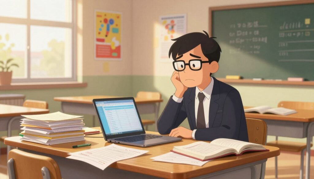 A weary teacher sits at a cluttered desk, surrounded by stacks of lesson planning papers and open textbooks. The room is softly lit by a warm, golden light coming through a large window, casting gentle shadows. In the foreground, the teacher, dressed in professional attire, looks thoughtfully at a laptop displaying lesson planning software. Papers are strewn about, illustrating the chaos of planning. In the middle ground, colorful posters on the walls depict educational themes, while a chalkboard filled with notes reveals the teacher's struggles. The background shows a peaceful classroom with empty desks, evoking a sense of longing for balance. The mood is a blend of stress and hope, emphasizing the need for efficient lesson planning solutions.