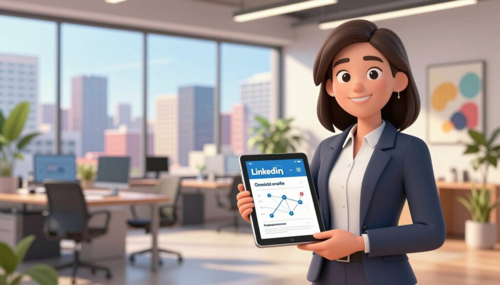 A well-dressed professional woman stands in the foreground, confidently smiling at the viewer. She is holding a tablet, showcasing her LinkedIn profile with a clear chart demonstrating optimized connections and engagement metrics. In the middle ground, a sleek modern office space with large windows reveals a vibrant cityscape outside, filled with bustling city life, symbolizing networking potential. Soft, natural light streams in, creating a warm atmosphere that emphasizes opportunity and professionalism. The background features abstract artwork and plants, adding a touch of creativity and vitality to the scene. The mood is inspiring and focused, aiming to convey the importance of a strong, well-optimized LinkedIn profile for visibility in one's career.