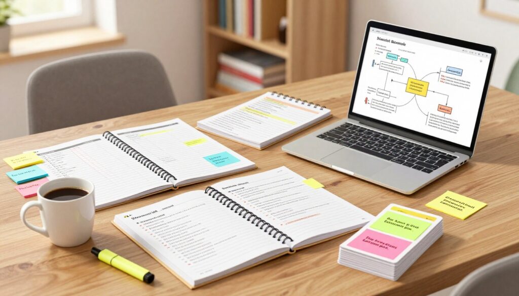 A well-organized study guide spread across a wooden table, with colorful sticky notes, highlighted textbooks, and an open laptop displaying flowcharts and diagrams. In the foreground, an inviting cup of coffee sits beside a highlighter and a neatly arranged stack of flashcards featuring key concepts. The middle of the image showcases an overhead view of the study materials, including a planner with written schedules and reminders. The background is softly blurred, hinting at a cozy study environment with shelves filled with books and a soft window light casting a warm glow throughout the scene. The atmosphere is focused and encouraging, ideal for effective studying and review practices. The image has a professional and clean aesthetic, emphasizing productivity and organization.