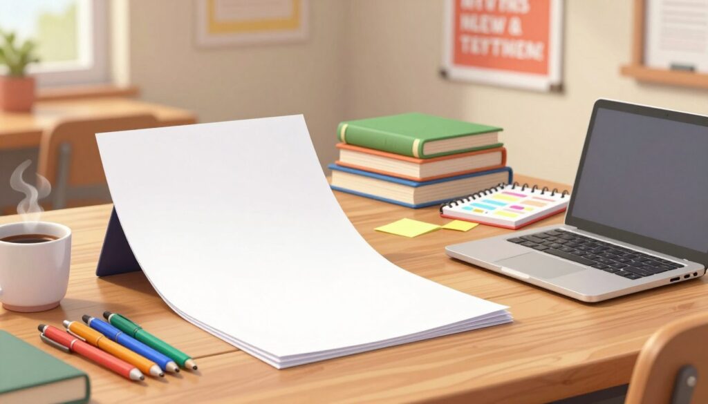 A well-organized workspace featuring a large, empty white page sitting prominently on a wooden desk, representing the "blank page syndrome" faced by new teachers. In the foreground, a neatly arranged set of colorful pens, a closed laptop, and a steaming cup of coffee. In the middle ground, stacks of educational books and a planner with colorful sticky notes scattered around, hinting at lesson planning ideas waiting to be explored. The background softly blurs into a cozy, warm-lit room with a motivational poster on the wall, fostering an inspiring atmosphere. The lighting is soft and inviting, creating a sense of calm and creativity, captured from a slightly elevated angle to offer a comprehensive view of the workspace.