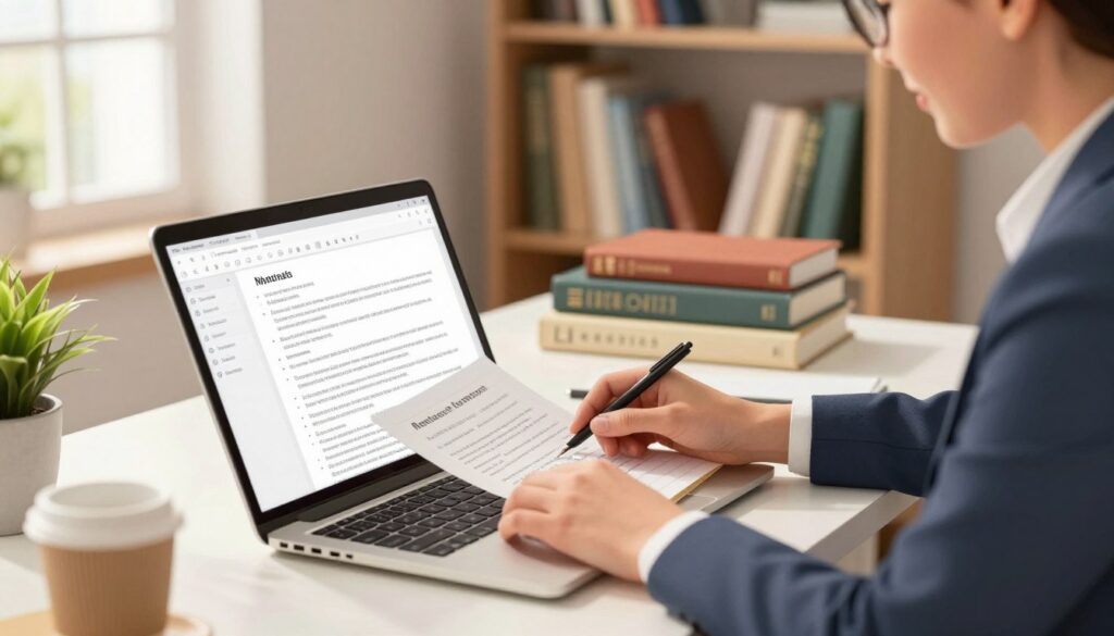 A well-organized workspace featuring a modern desk with a laptop open to a manuscript document, showcasing formatting tools like bullet points, headings, and style guidelines. In the foreground, a close-up of a confident person in professional attire, focused on adjusting the text alignment, with a notepad and a coffee cup nearby. The middle ground includes neatly stacked reference books and a potted plant, creating a vibrant, inviting atmosphere. The background shows a soft-lit bookshelf filled with nonfiction books, enhancing the scholarly vibe. Warm, natural light filters through a window, casting gentle shadows. The overall mood is productive and inspiring, ideal for illustrating the theme of manuscript formatting.