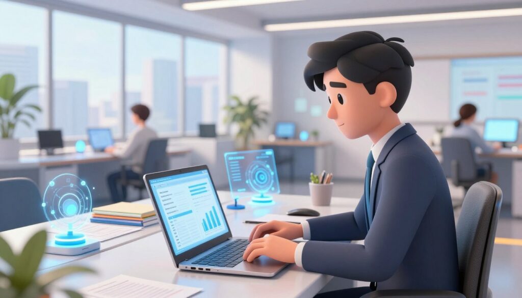 An AI academic admin in a modern office environment, engaging with advanced technology. The foreground features a gender-neutral figure dressed in professional business attire, intently working on a sleek laptop with digital interfaces displaying graphs and study materials. In the middle ground, a futuristic desk is surrounded by organized learning materials and AI tools, symbolizing academic administration. The background showcases a bright, well-lit space with large windows revealing a cityscape, conveying a sense of productivity and innovation. The atmosphere is energetic yet focused, with soft ambient lighting and a clear view suggesting a high-tech educational setting. The perspective is slightly angled upward, adding depth and emphasizing the relevance of AI in streamlining academic processes.