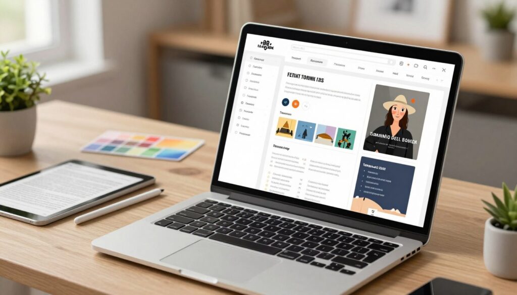 An elegant ebook layout tool on a sleek, modern desktop workspace. In the foreground, a high-resolution computer screen displays an intuitive ebook design interface, showcasing various templates, fonts, and layout options. A stylish laptop sits beside it, open to an inspirational ebook page. In the middle ground, scattered design tools like a tablet with a stylus and colorful swatches add depth. The background features a cozy home office with soft, diffused lighting, casting an inviting glow. Subtle greenery peeks from a nearby window, creating a calming atmosphere. The angle captures the workspace from a slight overhead view, inviting creativity and productivity, emphasizing the theme of professional ebook design and layout efficiency.