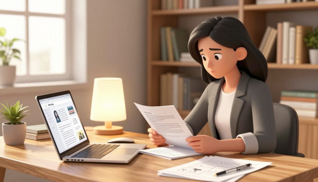 In a cozy, modern workspace, a professional woman sits at a stylish wooden desk, intently reviewing a sleek manuscript. The foreground features a laptop open to a blog interface, with pages of handwritten notes and diagrams scattered around. In the middle, a soft, glowing lamp illuminates the scene, casting warm tones on the polished desk and creating a sense of focus. In the background, a shelf filled with neatly organized books represents knowledge and creativity. The atmosphere is inviting and productive, with gentle sunlight filtering through a nearby window, highlighting the woman’s expression of determination as she transforms her blog content into a polished eBook. The image embodies inspiration and the journey from writing to publication.