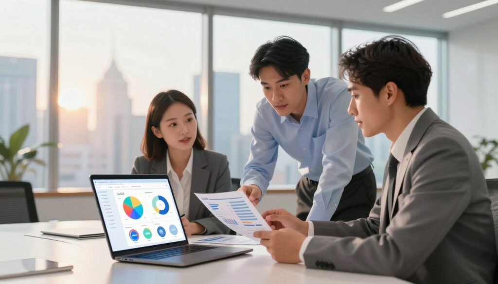 In a modern office environment, a diverse group of three professionals—two men and one woman—are collaborating around a sleek conference table, examining vibrant charts and graphs on a laptop screen that reflects the essence of a SaaS narrative. The foreground features a laptop displaying a captivating software dashboard, while the middle ground captures the engaged expressions of the team, dressed in smart business attire, leaning in with focus. In the background, large windows reveal a bustling city skyline, bathed in soft morning light that creates a warm, inviting atmosphere. The overall mood is dynamic and inspiring, suggesting innovation and collaboration, with a subtle depth of field effect emphasizing the professionals in action.
