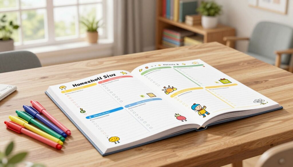 A beautifully organized homeschool planner spread across a wooden table, showcasing colorful weekly schedule pages with space for lesson plans, subject topics, and to-do lists. The foreground includes a neatly arranged set of colored pens and highlighters next to the planner, emphasizing a creative and flexible planning process. In the middle, the planner lies open, revealing illustrated sections for subjects like science, math, and art, adorned with playful icons and motivational quotes. In the background, a cozy, well-lit room with large windows invites natural light, filled with bookshelves stacked with educational materials, plants, and a comfortable chair. The atmosphere is calm and focused, inspiring creativity and organization for homeschooling families. The scene should use soft, warm lighting to evoke a sense of comfort and productivity, captured from a slightly elevated angle for depth.