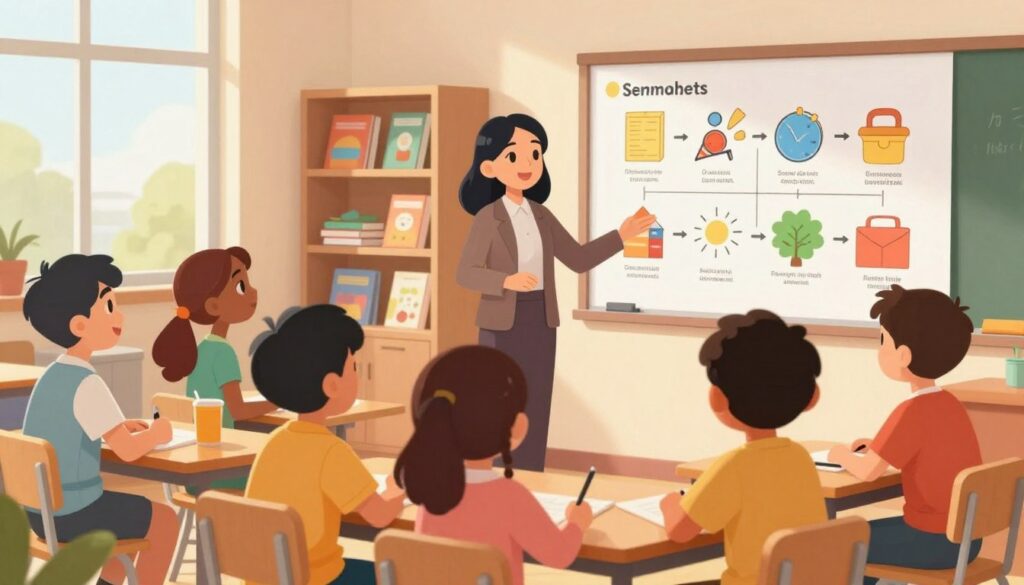 A bright and inviting classroom scene illustrating simplified explanations in action. In the foreground, a diverse group of students attentively looks at a large poster displaying step-by-step diagrams that break down complex concepts into easy-to-understand visuals. The students, featuring a range of ethnicities and abilities, are engaged and smiling, showcasing a supportive learning environment. In the middle ground, a teacher, dressed in professional business attire, gestures towards the poster, encouraging student interaction. Behind them, shelves filled with colorful educational materials create a warm and stimulating atmosphere. Soft, natural lighting streams through large windows, casting a gentle glow. The mood is positive and inspiring, underscoring the importance of clear communication in education.