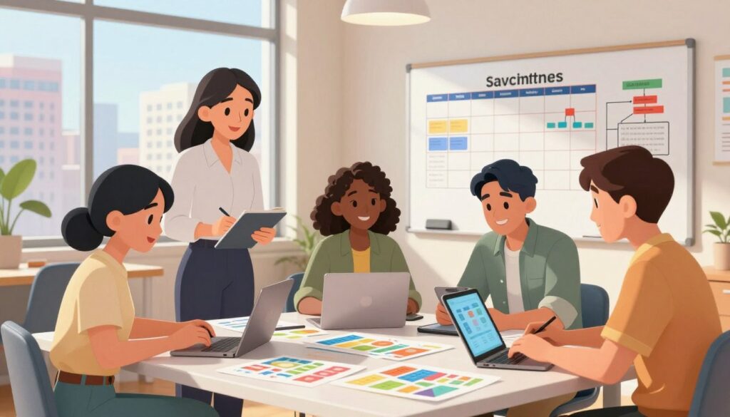 A bright, modern office workspace filled with natural light. In the foreground, a diverse group of three professional teachers, one woman and two men, are collaborating around a large table cluttered with colorful charts, educational materials, and digital devices like laptops and tablets. Their expressions are focused and engaged, reflecting creativity and collaboration. In the middle ground, a whiteboard displays organized calendar timelines and flowcharts, symbolizing efficient planning and time-saving strategies. The background features a large window with a view of a vibrant cityscape, suggesting a dynamic environment. Soft, warm lighting adds an inspiring atmosphere, encouraging productivity and teamwork. The overall mood is positive and motivational, emphasizing the theme of saving time on administrative tasks through teamwork and technology.