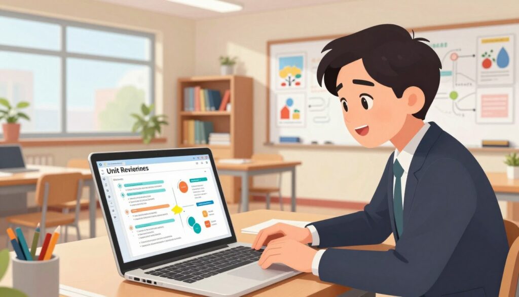 A brightly lit modern classroom filled with educational materials and technology, featuring a teacher at a desk engaged in building a unit review on a laptop. In the foreground, a close-up of the laptop screen shows colorful charts and notes. The teacher, dressed in professional attire, appears focused and inspired. In the middle ground, shelves with books, posters of educational concepts, and a whiteboard filled with brainstorming ideas can be seen. The background reveals large windows letting in natural light, enhancing a productive and positive atmosphere. The overall mood is one of enthusiasm and creativity, emphasizing the joy of teaching and learning. The camera angle is slightly elevated to capture both the teacher's engagement and the dynamic classroom environment.