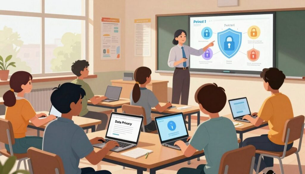 A contemporary classroom with students seated at desks, using laptops, engaging with a teacher guiding them in a digital lesson on data privacy. The foreground features a diverse group of students, dressed in casual but professional attire, actively discussing concepts of privacy, while the teacher stands at the front, pointing to a digital whiteboard displaying abstract representations of data security icons like locks and shields. The middle background shows a wall filled with educational posters about responsible technology use. Soft, natural light filters in through large windows, creating a warm atmosphere that encourages learning. The camera angle captures this scene from slightly above, focusing on the interactions between students and their teacher, emphasizing the importance of safeguarding student data. A contemporary classroom with students seated at desks, using laptops, engaging with a teacher guiding them in a digital lesson on data privacy. The foreground features a diverse group of students, dressed in casual but professional attire, actively discussing concepts of privacy, while the teacher stands at the front, pointing to a digital whiteboard displaying abstract representations of data security icons like locks and shields. The middle background shows a wall filled with educational posters about responsible technology use. Soft, natural light filters in through large windows, creating a warm atmosphere that encourages learning. The camera angle captures this scene from slightly above, focusing on the interactions between students and their teacher, emphasizing the importance of safeguarding student data.