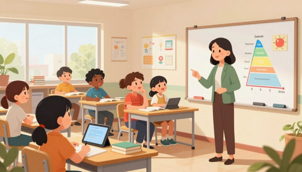 A cozy classroom setting displaying a teacher in a smart casual outfit, engaging with students of various age groups. In the foreground, the teacher stands beside a large whiteboard featuring a colorful diagram representing different learning levels—beginner, intermediate, and advanced. In the middle ground, diverse students are seated at desks, actively discussing the concepts, with expressions of curiosity and excitement. Materials like books, tablets, and visual aids are scattered around, enhancing the creative atmosphere. The background reveals a bright, inviting classroom with plants and educational posters. Soft, natural lighting filters through large windows, casting a warm glow throughout the scene, emphasizing a collaborative and supportive environment for learning.