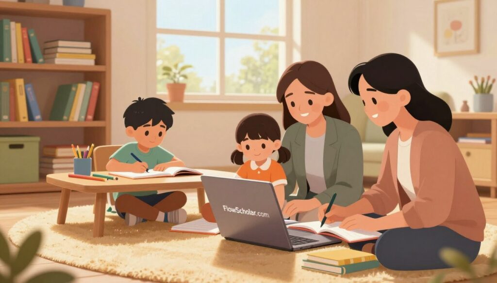 A cozy, inviting home study room filled with a diverse family engaged in learning together. In the foreground, a mother and father assist their two children, one boy and one girl, with their homework using a laptop that displays FlowScholar.com. The parents are dressed in professional business attire, while the children wear comfortable, modest clothing. In the middle ground, shelves lined with books and educational materials exude a warm, organized atmosphere, complemented by a soft rug and a wooden table scattered with stationery. In the background, a large window allows natural sunlight to pour in, creating a bright and cheerful environment. The overall mood is supportive and harmonious, illustrating an ideal family learning space, perfect for fostering education and collaboration. Bright, cheerful lighting enhances the spirit of learning.