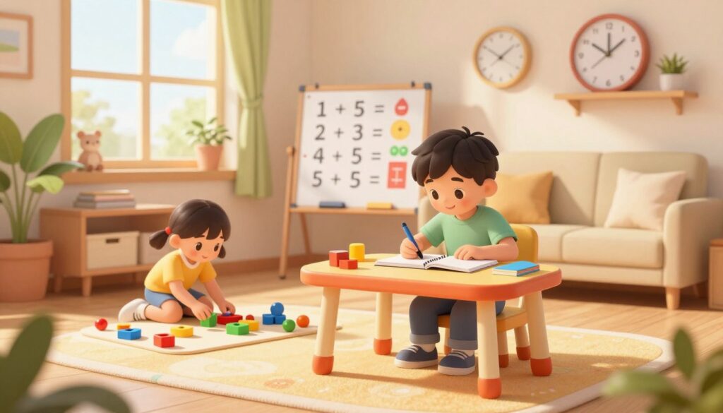 A cozy, sunlit living room where two children, a boy and a girl, engage in various educational activities. In the foreground, the boy, around 8 years old, sits at a small, colorful desk, focused on writing in a notebook. The girl, about 7, is on the floor, surrounded by educational toys, arranging them in an imaginative play scenario. In the middle ground, a whiteboard displays simple math and science concepts, while a wall clock shows a structured schedule. In the background, a window allows soft, warm light to stream in, with plants nearby enhancing the inviting atmosphere. The scene conveys a sense of productivity and creativity, reflecting a harmonious daily routine for learning at home.