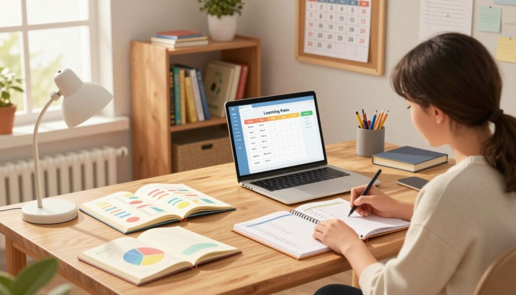 A cozy, well-organized home office setting featuring a wooden desk with open notebooks, colorful charts, and a laptop displaying a visually appealing learning plan. In the foreground, show a focused parent writing down academic records and tracking progress in a planner, dressed in modest casual clothing. The middle ground includes a bookshelf filled with educational materials and a bulletin board pinned with important dates and reminders. The background features a window letting in warm, natural light, creating an inviting atmosphere. Soft shadows are cast across the desk from a nearby lamp, enhancing a sense of productivity and calm. The overall mood should convey a supportive and efficient learning environment for homeschooling families.