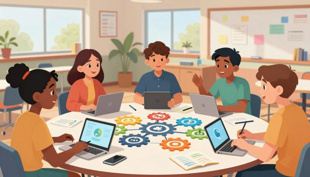 A diverse group of students collaboratively engaged in a discussion around a large, round table filled with digital devices and educational materials, symbolizing the ethical framework for AI in education. In the foreground, three students—a Black girl, a Hispanic boy, and a white girl—are actively sharing ideas, their expressions showing enthusiasm and focus. The middle ground features an abstract representation of interconnected gears and symbols illustrating concepts of ethics, responsibility, and collaboration, subtly integrated into the table design. In the background, a bright and airy classroom environment with large windows, natural light streaming in, gives a sense of openness and innovation. The atmosphere is one of inspiration, creativity, and teamwork, emphasizing a future where AI is integrated responsibly into learning. A diverse group of students collaboratively engaged in a discussion around a large, round table filled with digital devices and educational materials, symbolizing the ethical framework for AI in education. In the foreground, three students—a Black girl, a Hispanic boy, and a white girl—are actively sharing ideas, their expressions showing enthusiasm and focus. The middle ground features an abstract representation of interconnected gears and symbols illustrating concepts of ethics, responsibility, and collaboration, subtly integrated into the table design. In the background, a bright and airy classroom environment with large windows, natural light streaming in, gives a sense of openness and innovation. The atmosphere is one of inspiration, creativity, and teamwork, emphasizing a future where AI is integrated responsibly into learning.