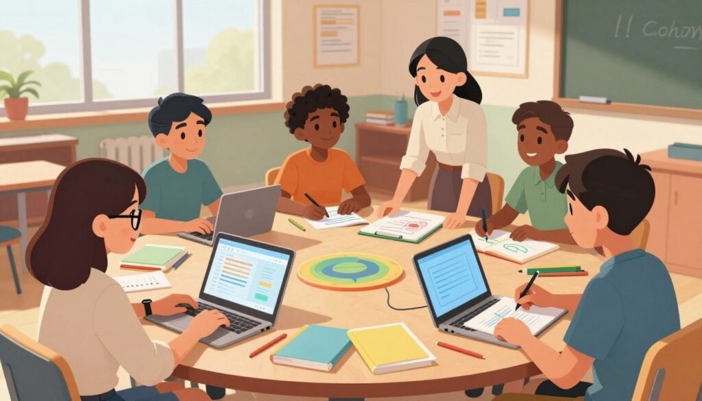 A diverse group of students engaged in a collaborative learning environment, sitting at a large, round table covered with colorful learning materials and laptops. In the foreground, a female student wearing glasses and a business-casual blouse focuses intently on her screen, while a male student with short hair in a polo shirt shares ideas with her. In the middle ground, a female teacher with a friendly demeanor observes, providing guidance, and another student sketches notes. The background features a bright, well-lit classroom with motivational posters on the walls and a large window letting in natural light. The ambiance is warm and supportive, emphasizing a sense of teamwork and individual growth. Shot from an overhead angle to capture the interactions and collaboration.