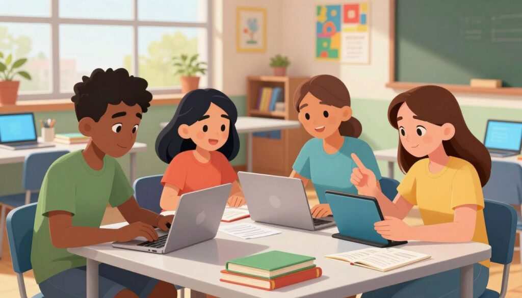 A diverse group of three students, one Black male, one Hispanic female, and one Caucasian female, are engaged in collaborative learning at a modern classroom table. They are using laptops and tablets, with educational materials spread out around them, showcasing a vibrant and technology-friendly environment. The foreground captures their focused expressions and interactive gestures as they discuss a project. The middle ground features books, notebooks, and digital devices, emphasizing the theme of personalized instruction. In the background, a thoughtfully organized classroom with colorful educational posters and a large window letting in warm, natural light creates an inviting atmosphere. The camera angle is slightly elevated, giving a clear view of the students while infusing a sense of productivity and collaboration.