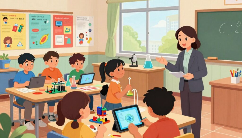 A dynamic classroom scene depicting a teacher and diverse students engaging in hands-on learning alongside technological tools. In the foreground, a teacher in professional attire assists a group of focused students working with educational tablets, while nearby, they collaborate on a science project using physical materials like circuit kits and art supplies. In the middle ground, bright posters showcasing various subjects adorn the walls, blending technology with traditional resources. The background features large windows letting in natural light, enhancing the vibrant atmosphere of creativity and inquiry. The overall mood is energetic and inspiring, emphasizing the balance between modern technology and practical learning experiences, captured with a slightly elevated angle to showcase the entire classroom environment. A dynamic classroom scene depicting a teacher and diverse students engaging in hands-on learning alongside technological tools. In the foreground, a teacher in professional attire assists a group of focused students working with educational tablets, while nearby, they collaborate on a science project using physical materials like circuit kits and art supplies. In the middle ground, bright posters showcasing various subjects adorn the walls, blending technology with traditional resources. The background features large windows letting in natural light, enhancing the vibrant atmosphere of creativity and inquiry. The overall mood is energetic and inspiring, emphasizing the balance between modern technology and practical learning experiences, captured with a slightly elevated angle to showcase the entire classroom environment.
