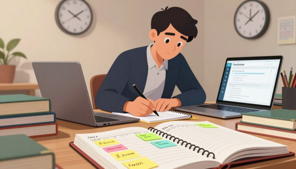 A focused male student, dressed in smart casual attire, sits at a cluttered desk surrounded by textbooks and notebooks, highlighting the theme of managing subjects and deadlines. The foreground features a close-up of a planner filled with colorful sticky notes and deadlines clearly marked. In the middle, the student is engaged in writing down study goals, with a laptop open displaying a study app like FlowScholar. In the background, a wall clock shows the time, suggesting urgency. The lighting is warm and inviting, emphasizing a productive atmosphere, with soft shadows creating depth. The overall mood is determined and organized, capturing the essence of effective study management.