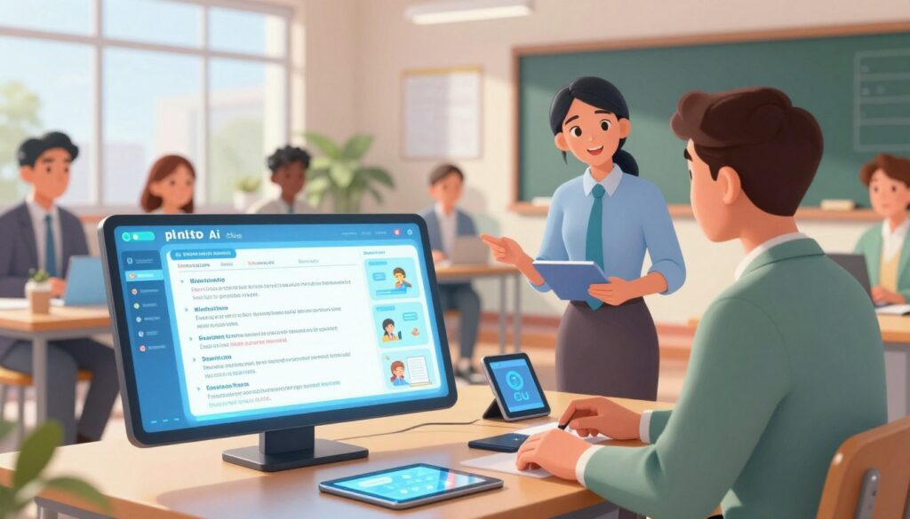A futuristic classroom environment showcasing an AI-driven lesson planning assistant. In the foreground, a sleek digital interface with interactive features, displaying lesson plans and teaching resources. In the middle ground, a diverse group of educators—two teachers, one male and one female—dressed in professional attire, collaboratively discussing strategies while engaging with the AI technology. The background features a modern classroom, equipped with high-tech tools like smart boards and tablets. Soft, natural lighting streams in from large windows, creating an inspiring and engaging atmosphere. The composition uses a slightly angled perspective to enhance the focus on the AI interface and the teachers' interaction, conveying a sense of innovation and collaboration in education.