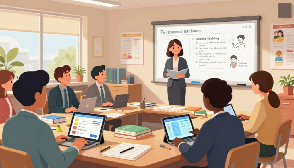 A modern classroom scene featuring a personalized instruction tool for teachers. In the foreground, a diverse group of educators, dressed in professional business attire, engage with tablets and interactive screens displaying colorful, user-friendly dashboards and personalized learning progress metrics. The middle ground includes a large wooden teaching desk cluttered with educational materials and resources, while a bright whiteboard showcases handwritten lesson plans and student feedback. The background reveals a well-lit classroom with educational posters, plants, and natural light streaming through large windows, creating an inviting atmosphere. The lighting is warm and soft, emphasizing a collaborative mood, with a slight depth of field focusing on the teachers at work, capturing their enthusiasm for personalized education.