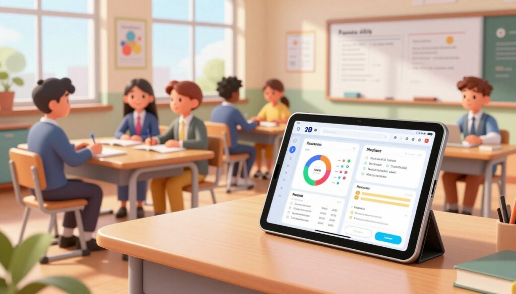 A modern classroom scene showcasing a differentiated instruction AI tool. In the foreground, a sleek, high-tech tablet displaying an interactive AI dashboard filled with colorful charts and customizable lesson plans, positioned on a stylish desk. In the middle ground, a diverse group of students—portrayed in professional business attire—engaged with varying learning activities that reflect their unique learning needs, such as collaborative group work and individual study. The background features a bright, sunlit classroom with large windows, showcasing educational posters and a large whiteboard filled with notes. The atmosphere is vibrant and inspiring, emphasizing collaboration and technological integration in education. Soft, natural lighting enhances the inviting mood, captured from a slightly elevated angle.