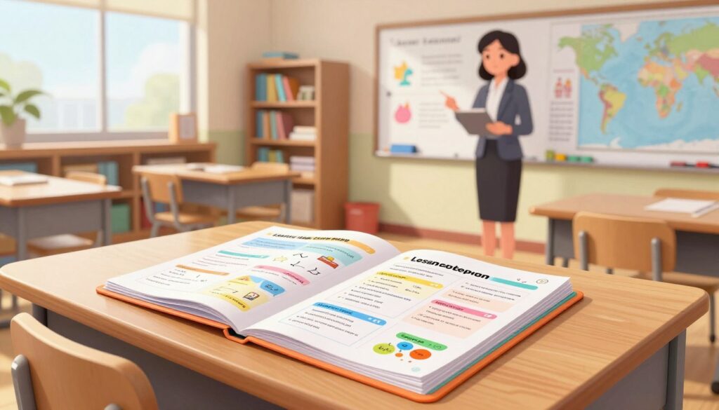 A modern classroom setting, depicting a lesson plan on a wooden desk in the foreground. The lesson plan is neatly arranged on a vibrant, colorful folder, showcasing sections for multiple subjects like math, science, and language arts. In the middle ground, a teacher in professional attire is standing beside a whiteboard filled with illustrations and notes on integrating subjects effectively. Shelves filled with books and educational resources are visible in the background, along with a world map and a bulletin board featuring student project work. Soft, natural lighting streams through large windows, creating an inviting and productive atmosphere. The angle is slightly overhead to capture the entire scene, emphasizing the collaborative essence of a multi-subject classroom. A modern classroom setting, depicting a lesson plan on a wooden desk in the foreground. The lesson plan is neatly arranged on a vibrant, colorful folder, showcasing sections for multiple subjects like math, science, and language arts. In the middle ground, a teacher in professional attire is standing beside a whiteboard filled with illustrations and notes on integrating subjects effectively. Shelves filled with books and educational resources are visible in the background, along with a world map and a bulletin board featuring student project work. Soft, natural lighting streams through large windows, creating an inviting and productive atmosphere. The angle is slightly overhead to capture the entire scene, emphasizing the collaborative essence of a multi-subject classroom.