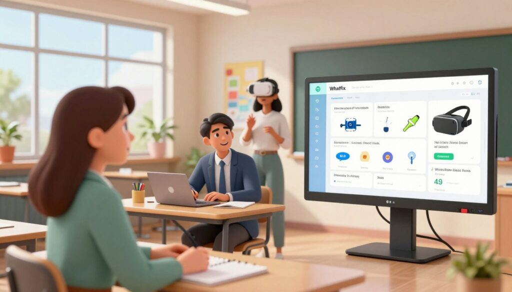 A modern classroom setting features a diverse group of three professionals engaged in a virtual simulation training session using Whatfix Mirror. In the foreground, a focused female teacher in smart casual attire interacts with a large touchscreen display, showing a user-friendly layout of educational tools. In the middle ground, a male student in business attire observes with a laptop open, taking notes, while another female student examines a virtual reality headset. The background reveals a bright, well-lit classroom with educational posters and a digital whiteboard. Soft, natural lighting filters in through tall windows, creating an inspiring atmosphere of collaboration and innovation. The angle captures the dynamic interaction, conveying a sense of engagement and enthusiasm for AI-powered learning. A modern classroom setting features a diverse group of three professionals engaged in a virtual simulation training session using Whatfix Mirror. In the foreground, a focused female teacher in smart casual attire interacts with a large touchscreen display, showing a user-friendly layout of educational tools. In the middle ground, a male student in business attire observes with a laptop open, taking notes, while another female student examines a virtual reality headset. The background reveals a bright, well-lit classroom with educational posters and a digital whiteboard. Soft, natural lighting filters in through tall windows, creating an inspiring atmosphere of collaboration and innovation. The angle captures the dynamic interaction, conveying a sense of engagement and enthusiasm for AI-powered learning.