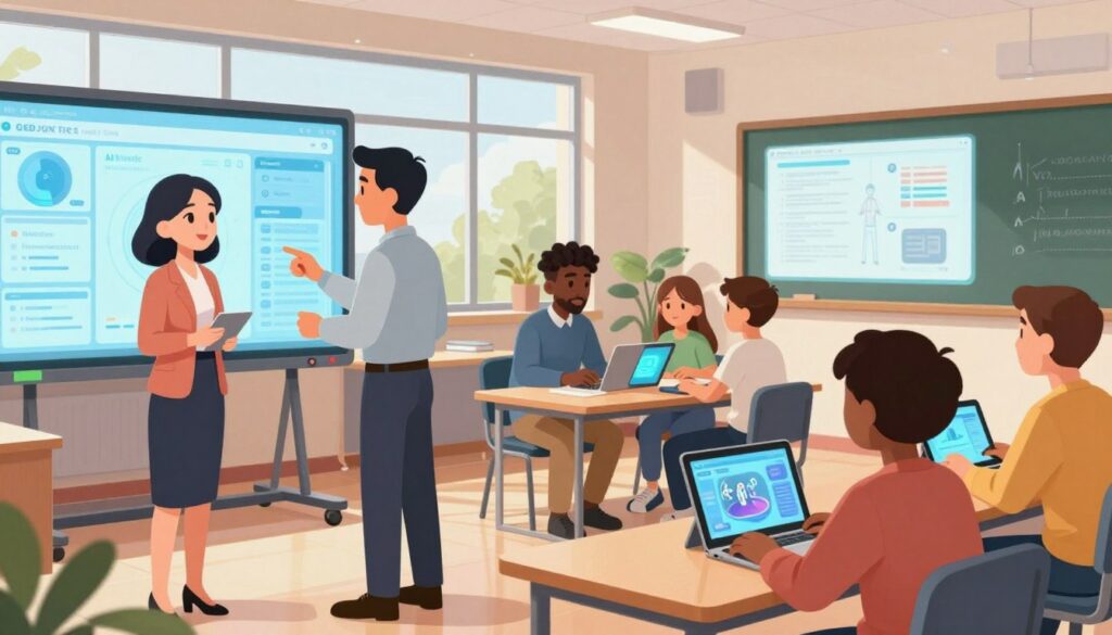A modern classroom setting with a diverse group of teachers interacting with various AI-driven tools and technologies. In the foreground, a female educator of Asian descent, dressed in professional attire, is engaging with a holographic display showcasing AI content creation tools. In the middle, a male teacher of African descent works collaboratively with a small group of students, using tablets to explore AI applications in real-time learning. The background features large windows with natural light flooding in, illuminating interactive smart boards displaying educational data. The atmosphere is vibrant and innovative, emphasizing collaboration and cutting-edge technology, creating an inspiring and efficient educational environment. The angle captures both the teachers and students actively involved in the learning process, highlighting the integration of AI into their daily routine.