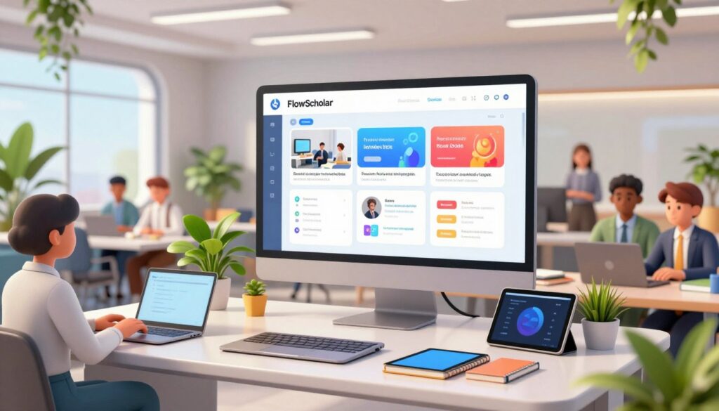 A modern, digital workspace showcasing the "FlowScholar knowledge base" prominently at the center. In the foreground, an elegant desk is cluttered with sleek laptops, colorful notebooks, and a digital tablet, all surrounded by lush green plants for a refreshing touch. The middle ground features a large, interactive screen displaying the FlowScholar interface, complete with organized modules and visually engaging learning resources. In the background, bright, soft lighting creates a warm atmosphere, accentuating the open layout of a futuristic classroom with glass walls, enhancing focus and collaboration. A diverse group of students in professional attire are engaging with the technology, appearing motivated and enthusiastic about learning. The overall mood is one of inspiration and academic success, inviting viewers to imagine a productive learning environment.