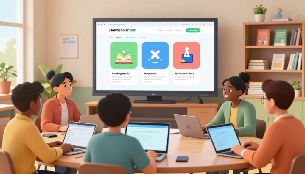 A modern, inviting classroom setting showcasing FlowScholar.com as a digital platform for tutors and intervention. In the foreground, a diverse group of professional tutors in smart casual attire is engaged in lively discussions while using laptops and tablets. The middle ground features a large interactive screen displaying the FlowScholar.com website with colorful graphics representing reading, math, and writing support resources. The background reveals bookshelves filled with educational materials, and soft natural light filters through large windows, creating a warm, collaborative atmosphere. The image conveys a sense of focus, engagement, and innovation, portraying a dynamic space where tutors enhance their teaching skills and foster student success.