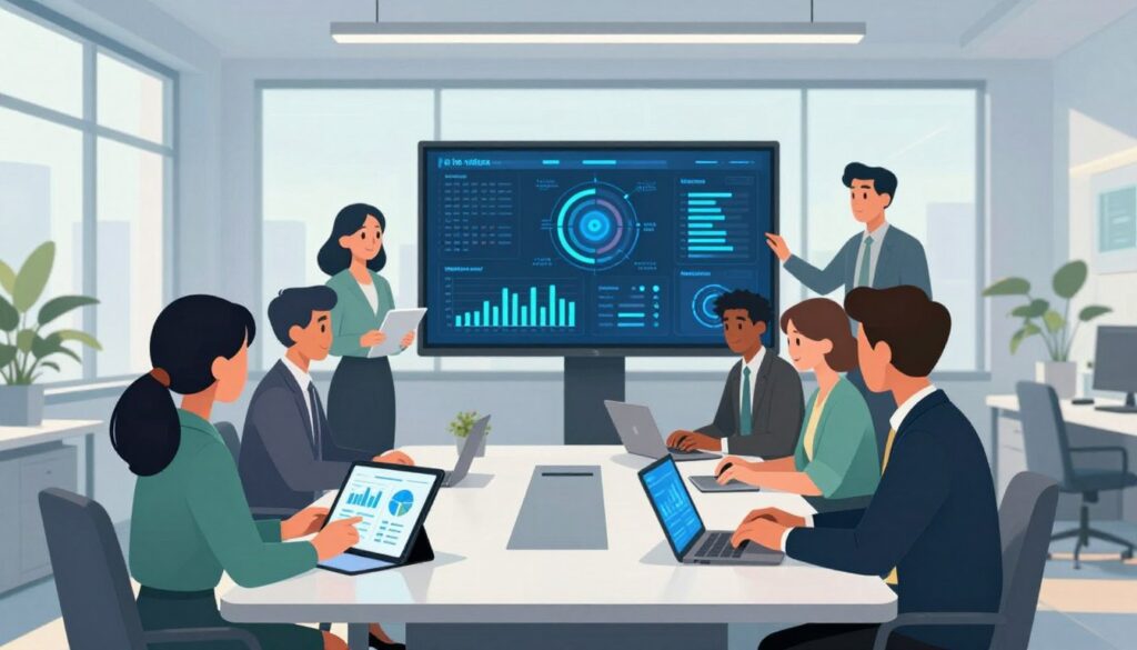 A modern office setting representing operational efficiency, featuring a diverse group of professionals in smart attire collaborating around a sleek conference table with digital devices. In the foreground, an engaged team, including a woman analyzing graphs on a tablet and a man with a laptop, symbolizes practical AI integration. The middle ground showcases a large interactive screen displaying charts and AI-driven data insights, highlighting real-time analytics. The background consists of large windows allowing natural light to flood the space, emphasizing a clean and organized atmosphere. Soft blue and green lighting creates a calm yet dynamic ambiance, while the wide-angle view captures the collaborative energy and innovation within the workspace, embodying the essence of operational efficiency through artificial intelligence. A modern office setting representing operational efficiency, featuring a diverse group of professionals in smart attire collaborating around a sleek conference table with digital devices. In the foreground, an engaged team, including a woman analyzing graphs on a tablet and a man with a laptop, symbolizes practical AI integration. The middle ground showcases a large interactive screen displaying charts and AI-driven data insights, highlighting real-time analytics. The background consists of large windows allowing natural light to flood the space, emphasizing a clean and organized atmosphere. Soft blue and green lighting creates a calm yet dynamic ambiance, while the wide-angle view captures the collaborative energy and innovation within the workspace, embodying the essence of operational efficiency through artificial intelligence.