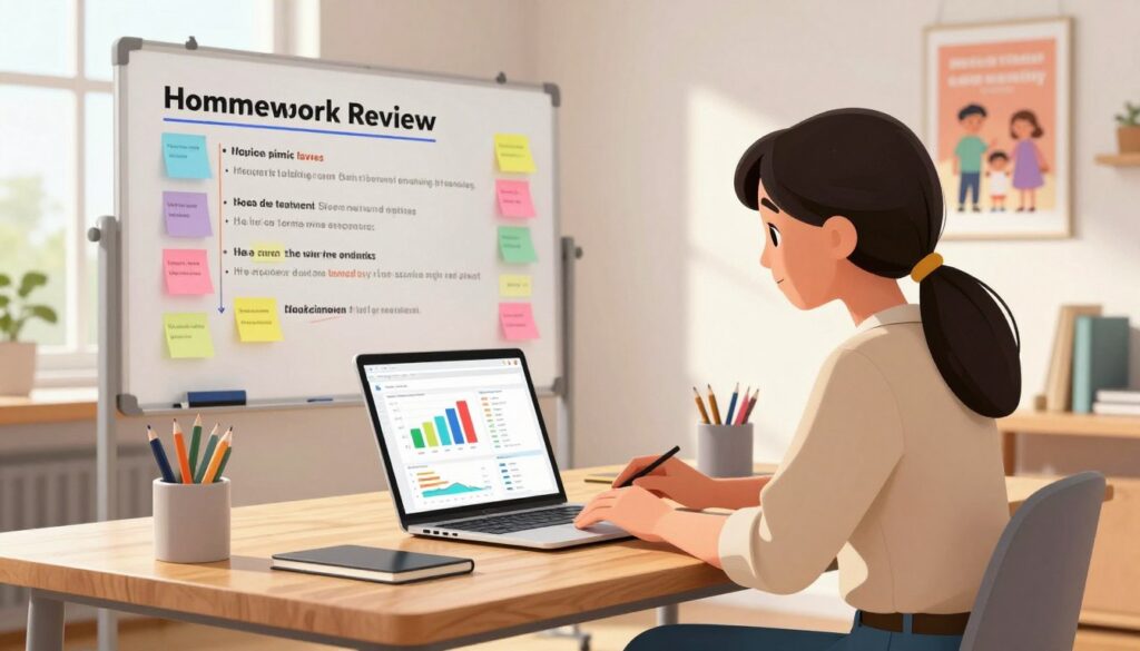 A modern, visually engaging workspace featuring a sleek laptop displaying colorful graphs and charts indicating tracking capabilities. In the foreground, a confident parent wearing smart casual attire is seated at a sturdy wooden desk, intently reviewing data on the screen. In the middle, a large whiteboard lists essential features for a homework review tool, covered in colorful sticky notes representing tasks and ideas. In the background, soft natural light streams in through a window, illuminating the room filled with motivational posters about learning and family support. The mood is focused yet encouraging, emphasizing collaboration and effective communication in the learning process. The scene captures the essence of a productive environment aimed at facilitating student success through advanced tracking features. A modern, visually engaging workspace featuring a sleek laptop displaying colorful graphs and charts indicating tracking capabilities. In the foreground, a confident parent wearing smart casual attire is seated at a sturdy wooden desk, intently reviewing data on the screen. In the middle, a large whiteboard lists essential features for a homework review tool, covered in colorful sticky notes representing tasks and ideas. In the background, soft natural light streams in through a window, illuminating the room filled with motivational posters about learning and family support. The mood is focused yet encouraging, emphasizing collaboration and effective communication in the learning process. The scene captures the essence of a productive environment aimed at facilitating student success through advanced tracking features.