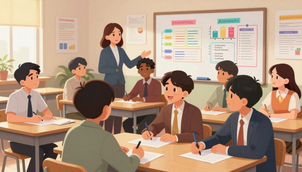 A professional classroom setting showcasing students engaged in feedback activities. In the foreground, a diverse group of students, dressed in business casual clothing, are sitting at desks, focused on sharing thoughts and ideas on assessment. Their expressions reflect concentration and enthusiasm. In the middle ground, a teacher circulates, providing guidance and support, highlighting a collaborative atmosphere. The background features a whiteboard filled with colorful charts and graphs representing assessment data, with educational posters adorning the walls. The lighting is warm and inviting, emphasizing a positive learning environment. The shot is captured from a slight angle, offering depth and perspective to the busy classroom scene, evoking a sense of active participation and dynamic interaction among students.