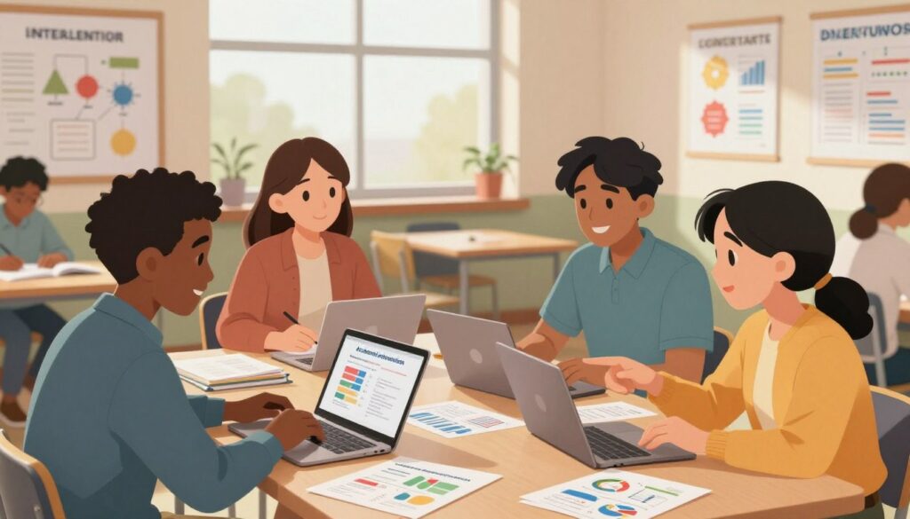 A professional learning environment depicting a diverse group of educators gathered around a table filled with academic materials and charts. In the foreground, two teachers—one Black and one Hispanic—are actively discussing strategies for effective academic intervention, pointing at plans and using laptops. In the middle ground, a white teacher is observing and taking notes, with educational posters on the walls illustrating various intervention techniques. The background features a large window letting in soft, natural light, casting a warm glow over the room. The atmosphere is collaborative and focused, showcasing a sense of determination and support for student success. The composition is captured from a slightly elevated angle for an inclusive view of the teamwork.