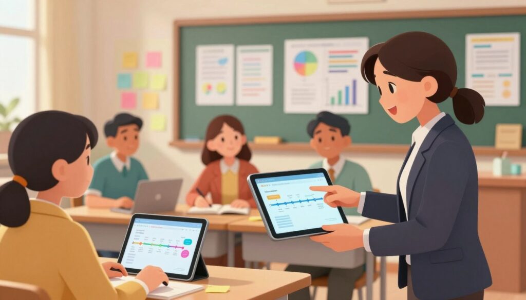 A serene and inspiring classroom setting focused on lesson planning, featuring a diverse group of teachers collaboratively discussing over digital tablets and notebooks. In the foreground, an enthusiastic teacher in professional attire, confidently pointing at a digital timeline displayed on a tablet, illustrating a streamlined lesson plan. In the middle ground, other educators, both male and female, engage in conversation, sharing ideas, with colorful sticky notes and educational posters around them. The background showcases a well-organized chalkboard filled with charts and graphs. Soft, warm lighting creates an inviting atmosphere, with a slight depth-of-field effect to emphasize the teachers' teamwork while maintaining a professional setting that promotes productivity and creativity.