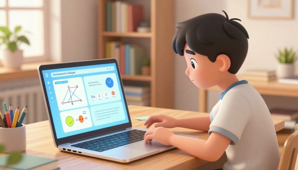 A serene study environment illustrating a "homework helper" concept. In the foreground, a bright, sleek AI interface displayed on a modern laptop, showcasing a colorful, interactive visual of a complex subject, like math or science, simplified for easy understanding. Moving to the middle ground, a focused student, dressed in modest casual clothing, engages with the laptop, displaying curiosity and concentration. The background features a cozy, well-lit study room with shelves of books, a potted plant, and soft lighting that creates a warm atmosphere. The overall mood is encouraging and inspiring, highlighting the effective use of technology in education. The composition is captured from a slightly elevated angle to emphasize the interaction between the student and the AI interface.